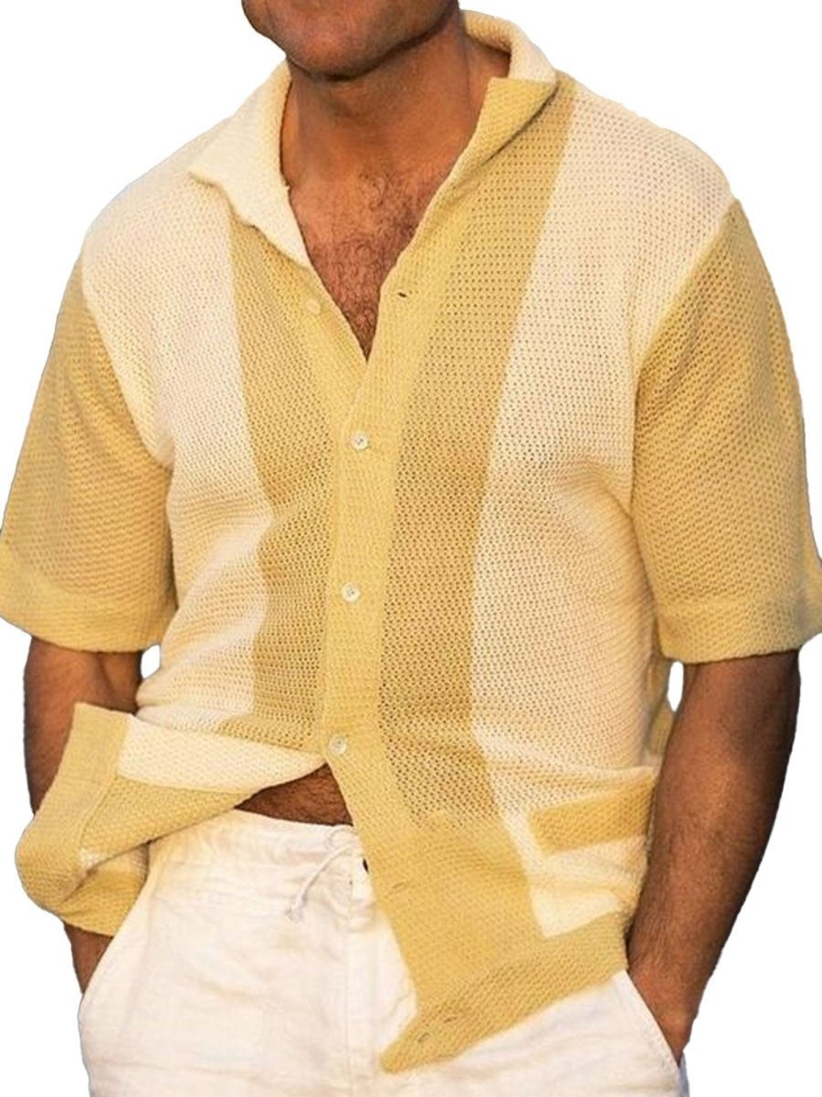 Men DJ Casual Short Sleeve Shirts | Contrast Lapel Single-Breasted Casual Knitted Short-Sleeved Shirt Yellow