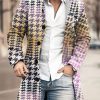 Men DJ Print Jacket | Colorful Houndstooth Print Stand Collar Double Pocket Woolen Coat Photo Color