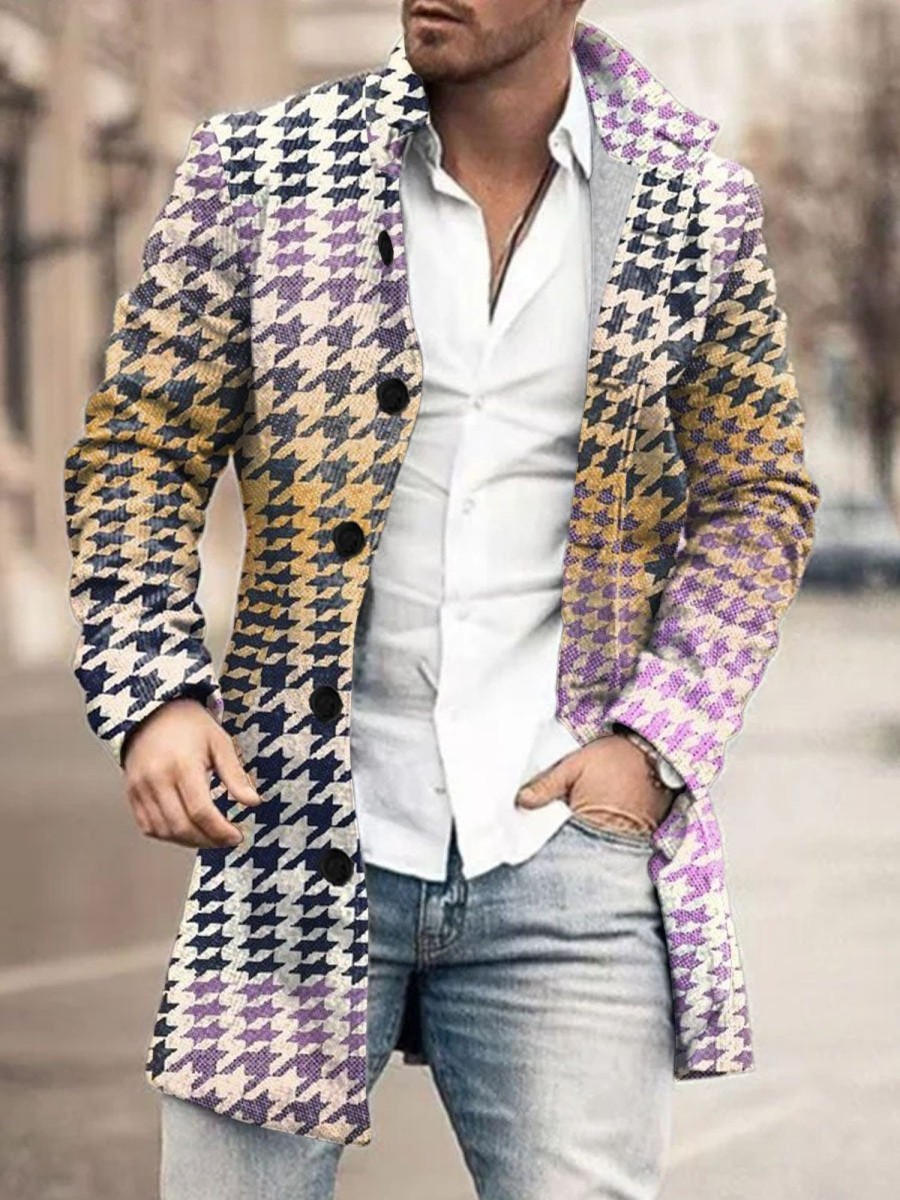 Men DJ Print Jacket | Colorful Houndstooth Print Stand Collar Double Pocket Woolen Coat Photo Color