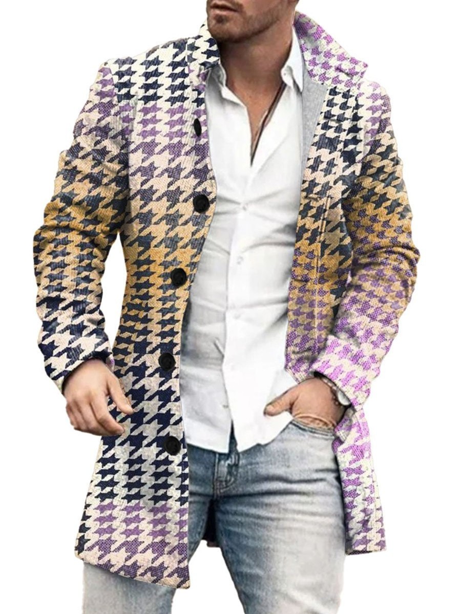 Men DJ Print Jacket | Colorful Houndstooth Print Stand Collar Double Pocket Woolen Coat Photo Color