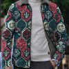 Men DJ Jacket | Retro Geometric Botanical Print Velvet Warm Lapel Jacket Photo Color