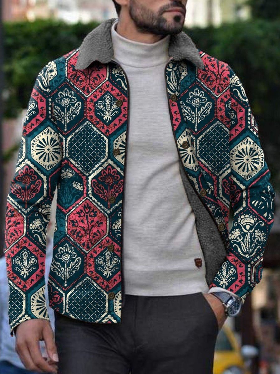 Men DJ Jacket | Retro Geometric Botanical Print Velvet Warm Lapel Jacket Photo Color