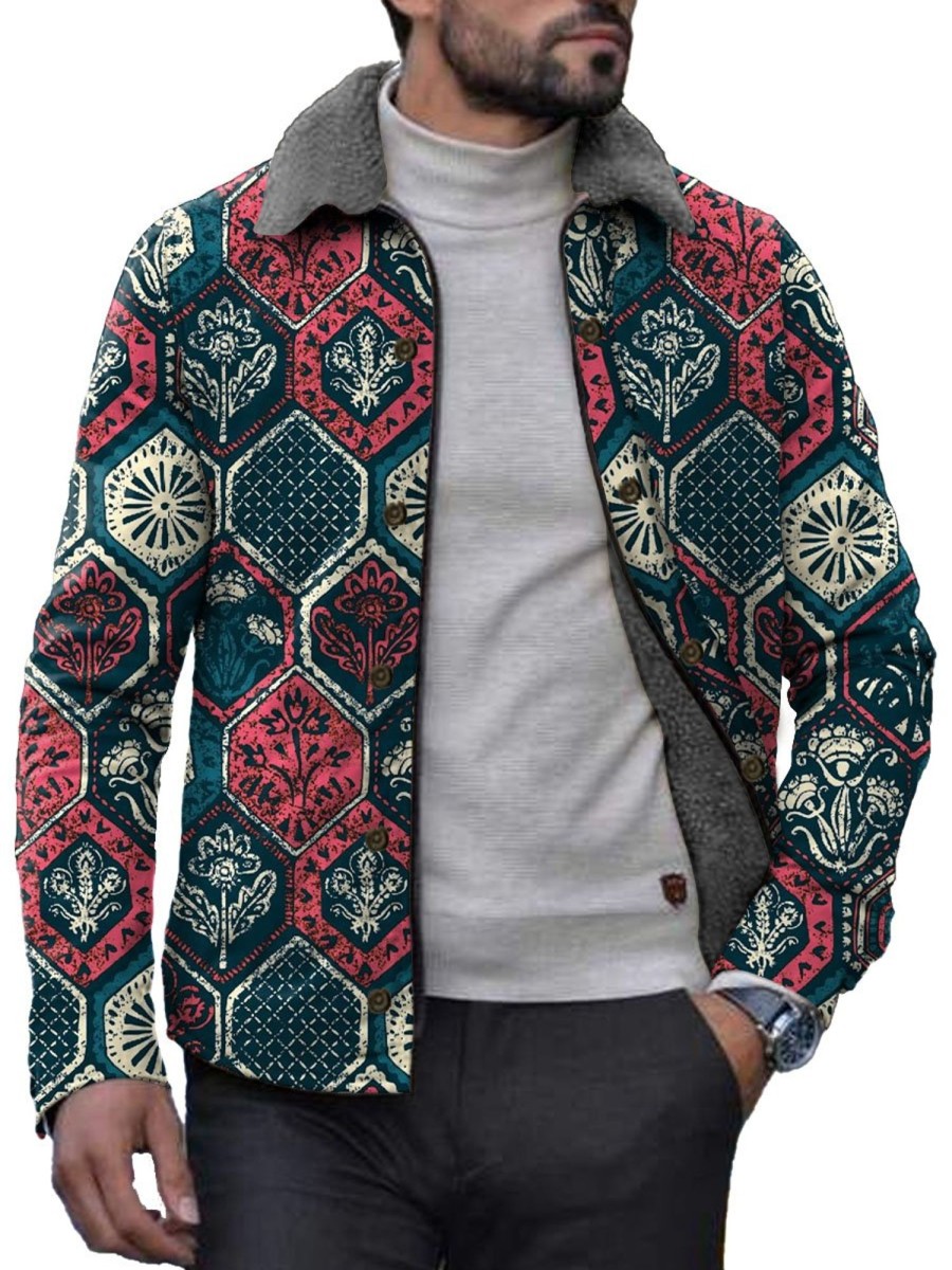 Men DJ Jacket | Retro Geometric Botanical Print Velvet Warm Lapel Jacket Photo Color