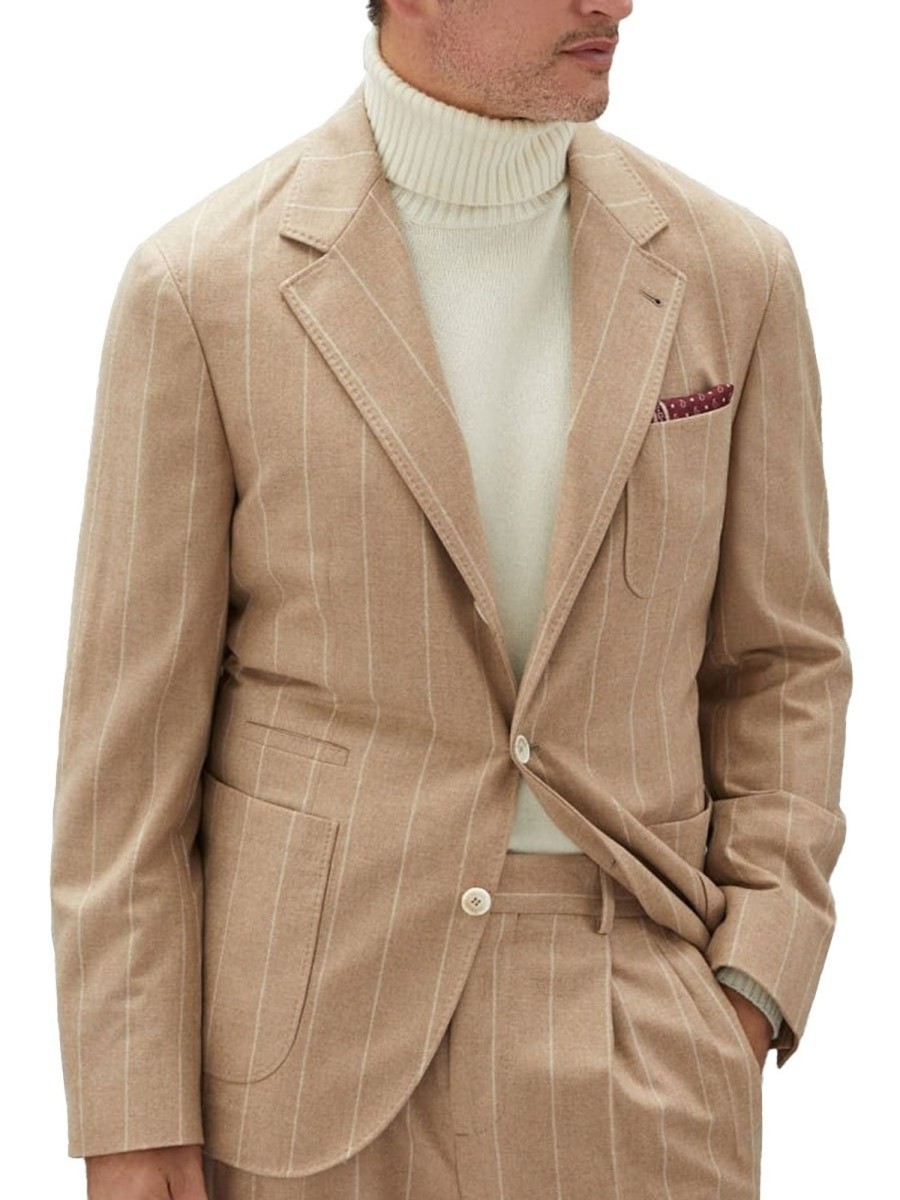 Men BXL Jacket | Men'S Striped Wool Multi-Pocket Casual Blazer Camel