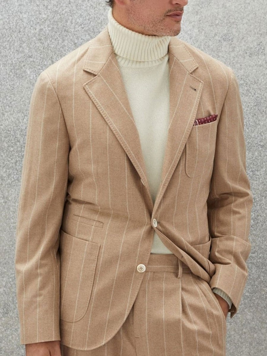 Men BXL Jacket | Men'S Striped Wool Multi-Pocket Casual Blazer Camel