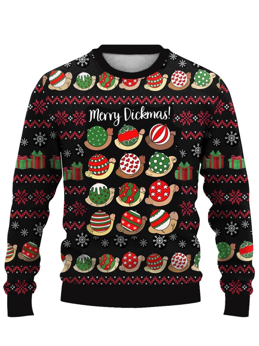 Men DJ Ugly Sweater | Christmas Snail Cocks Print Casual Crew Neck Sweatshirt Photo Color