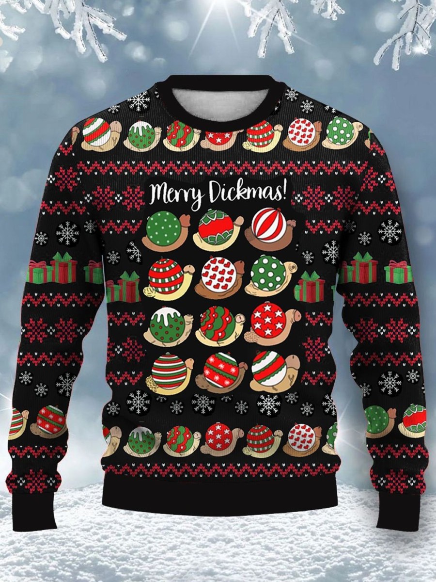 Men DJ Ugly Sweater | Christmas Snail Cocks Print Casual Crew Neck Sweatshirt Photo Color