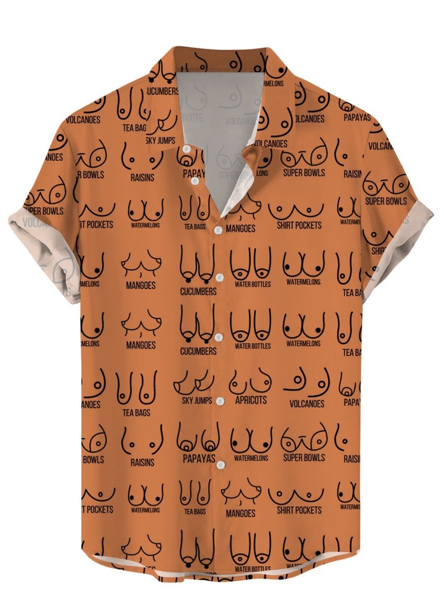 Men DJ Shirts | Boobs Prints In Various Shapes Casual Short-Sleeved Shirts Caramel