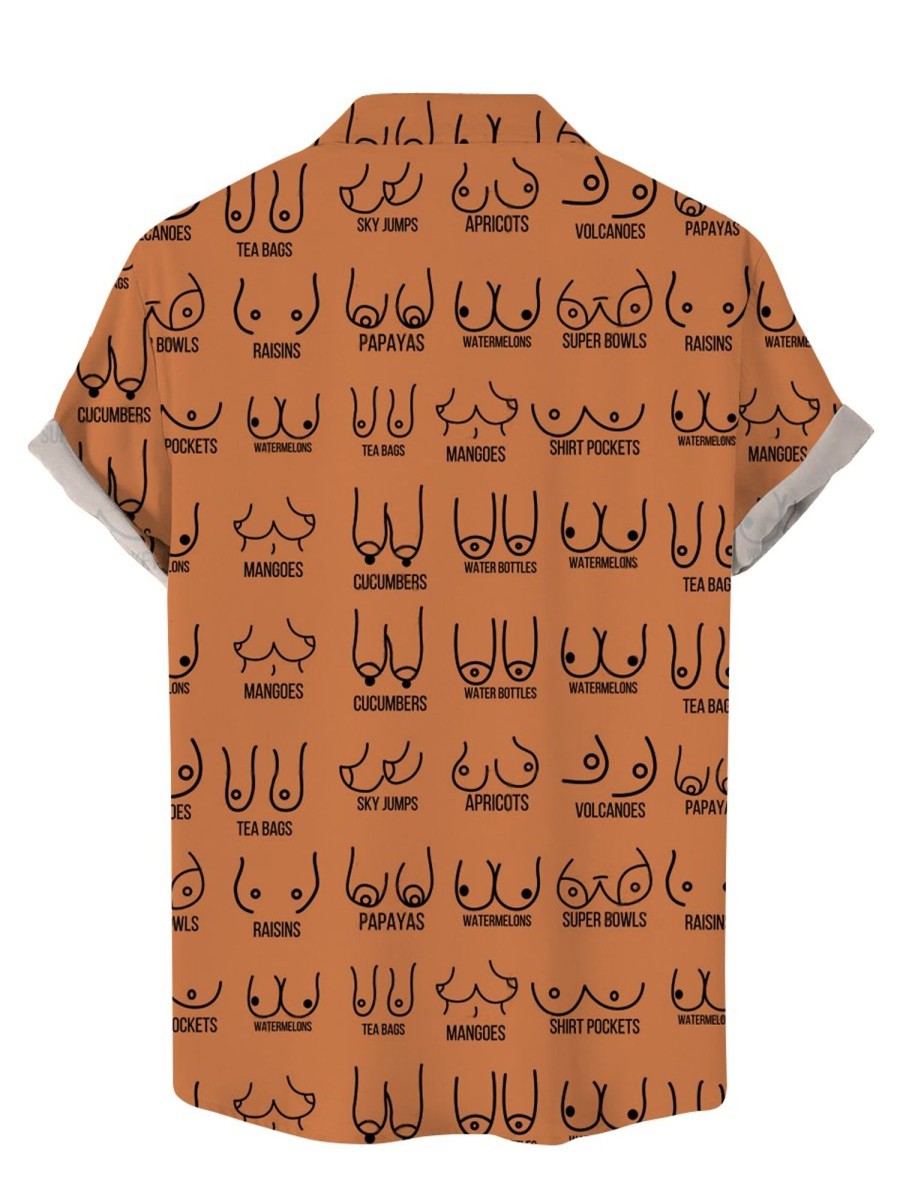 Men DJ Shirts | Boobs Prints In Various Shapes Casual Short-Sleeved Shirts Caramel