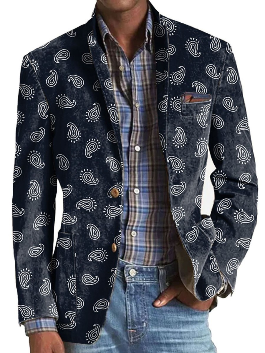 Men BXL Print Jacket | Men'S Retro Pellis Print Casual Pocket Blazer Navy Blue