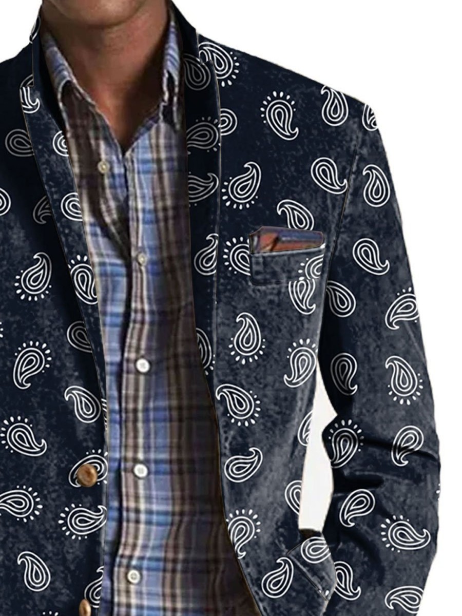 Men BXL Print Jacket | Men'S Retro Pellis Print Casual Pocket Blazer Navy Blue