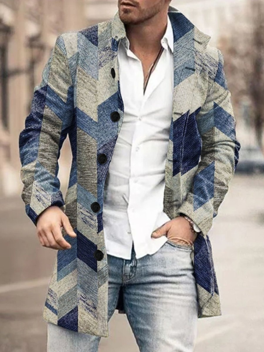 Men GYJ Jacket | Paneled Color Textured Print Double Pocket Single Breasted Jacket Photo Color