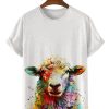 Men HLJ T-Shirts | Watercolor Sheep Crew Neck Short Sleeve T-Shirt White