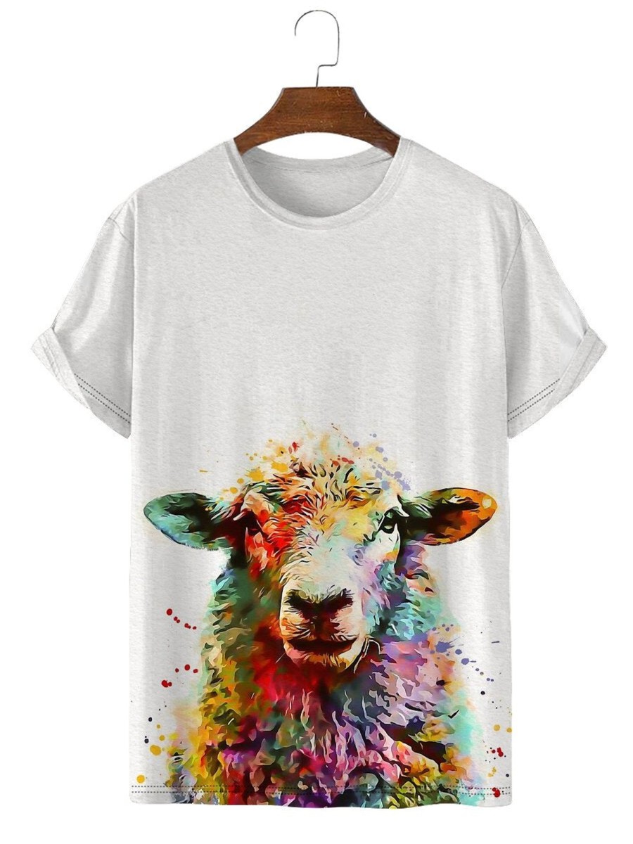 Men HLJ T-Shirts | Watercolor Sheep Crew Neck Short Sleeve T-Shirt White