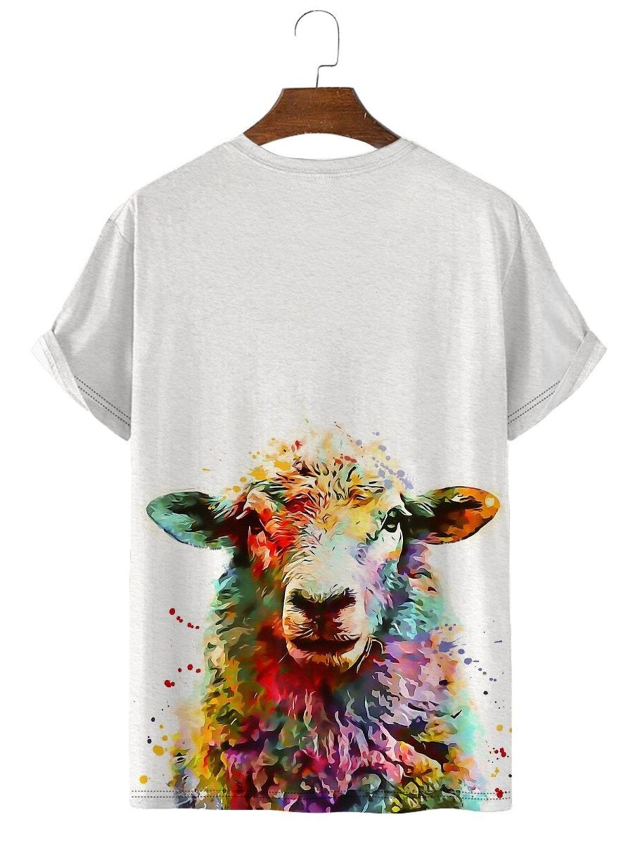 Men HLJ T-Shirts | Watercolor Sheep Crew Neck Short Sleeve T-Shirt White