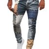 Men DJ Bottoms | Retro Denim Patchwork Printed Double Pocket Casual Pants Photo Color