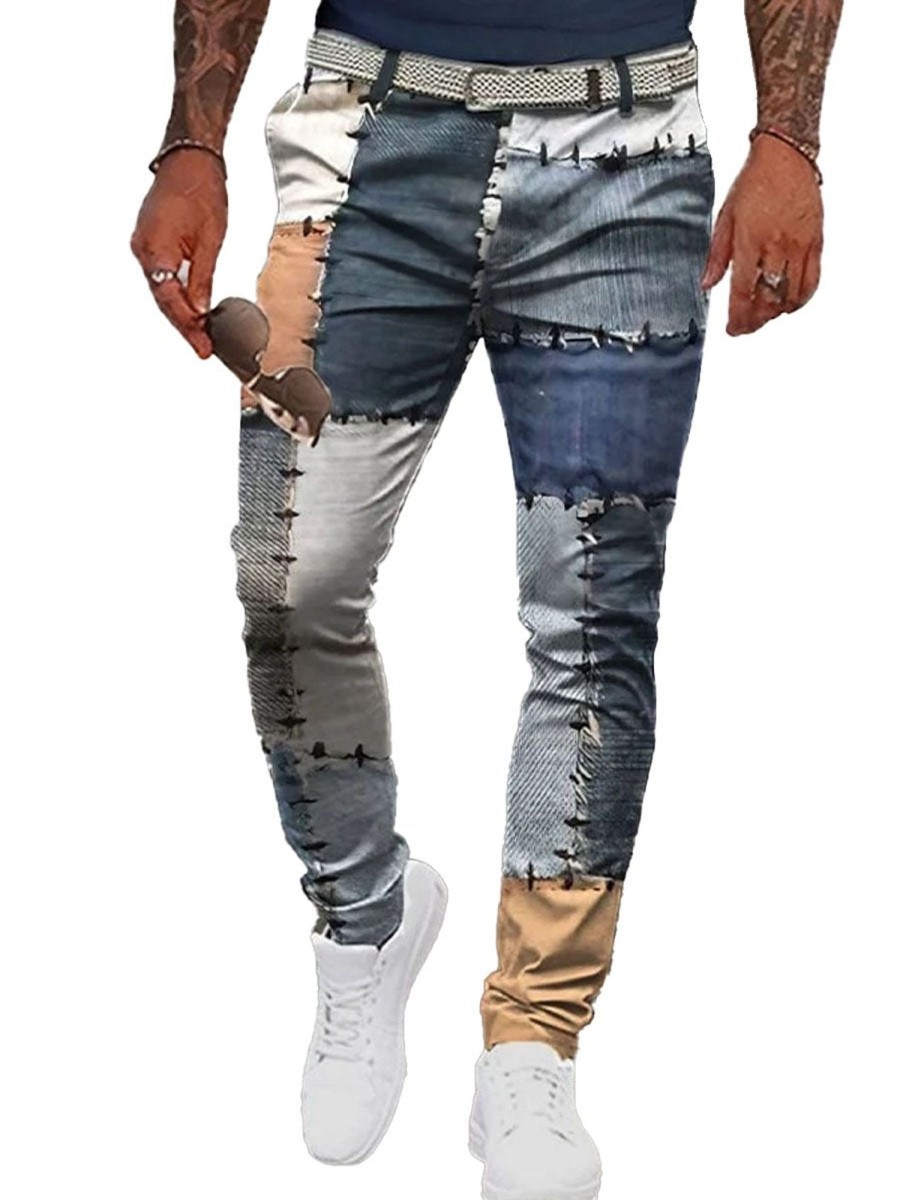 Men DJ Bottoms | Retro Denim Patchwork Printed Double Pocket Casual Pants Photo Color