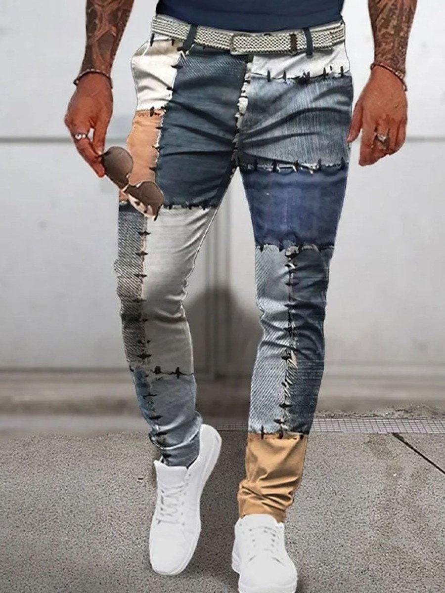 Men DJ Bottoms | Retro Denim Patchwork Printed Double Pocket Casual Pants Photo Color