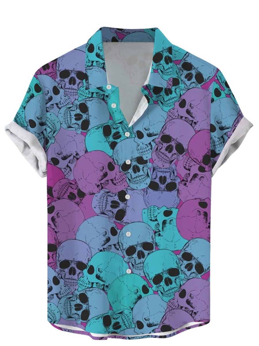 Men GYJ Shirts | Skull Print Casual Short Sleeve Shirt Blue