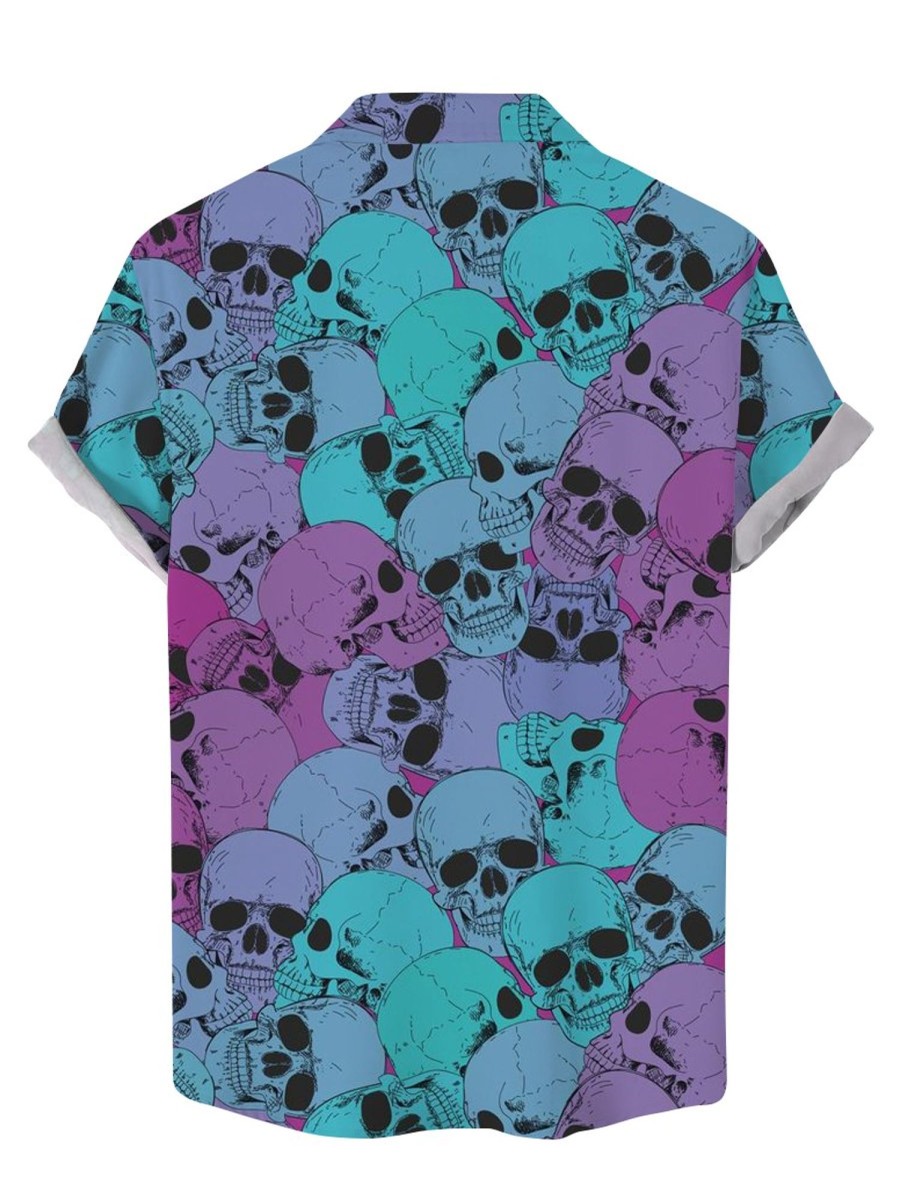 Men GYJ Shirts | Skull Print Casual Short Sleeve Shirt Blue