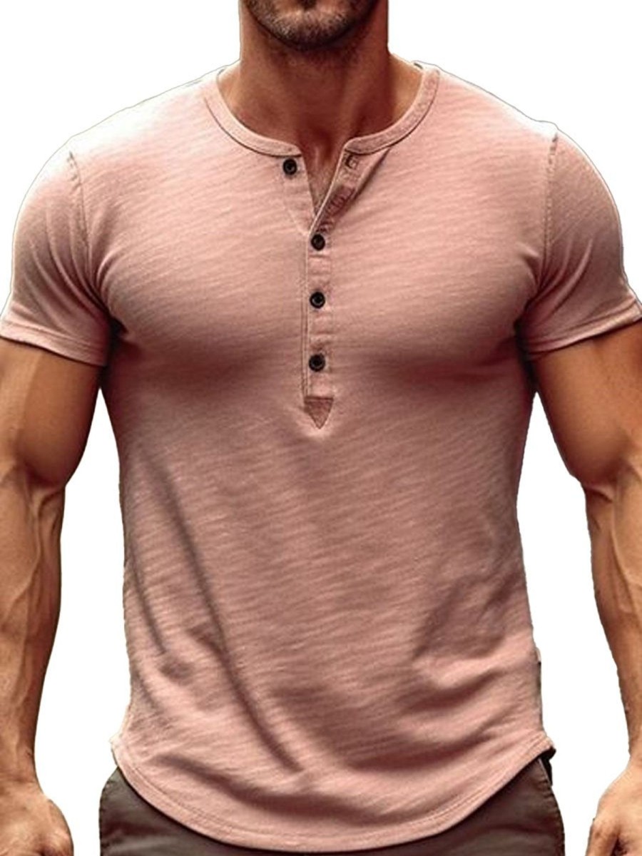 Men DJ Casual Shirts | Half Open Collar Casual Versatile Short-Sleeved T-Shirt Pink