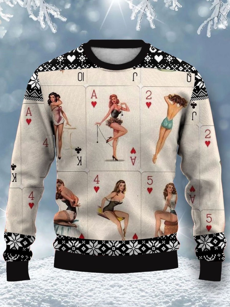 Men BXL Ugly Sweater | Casual Poker Confident Dancer Printed Crew Neck Sweatshirt Khaki