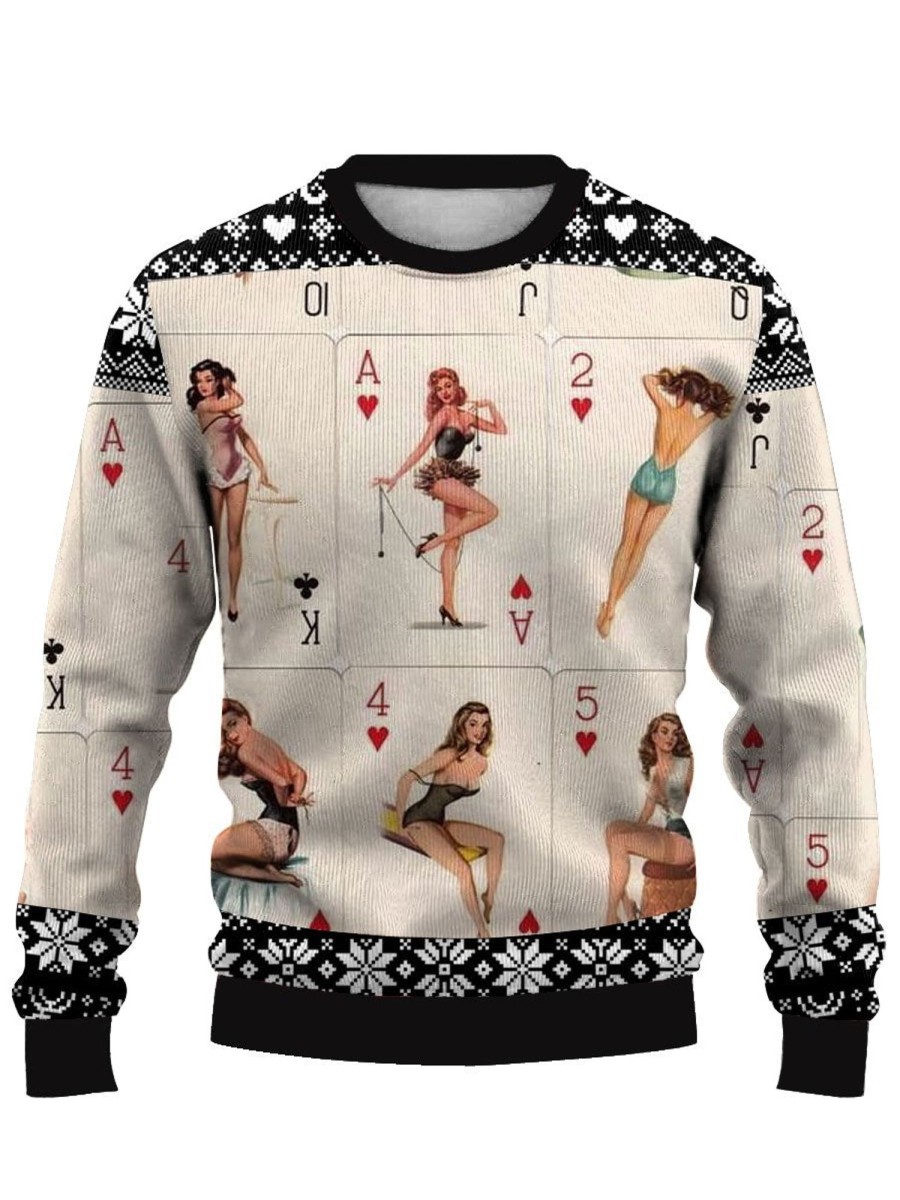 Men BXL Ugly Sweater | Casual Poker Confident Dancer Printed Crew Neck Sweatshirt Khaki