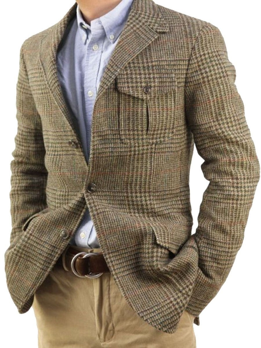 Men DJ Jacket | Vintage 3-Pocket Plaid Casual Blazer Khaki