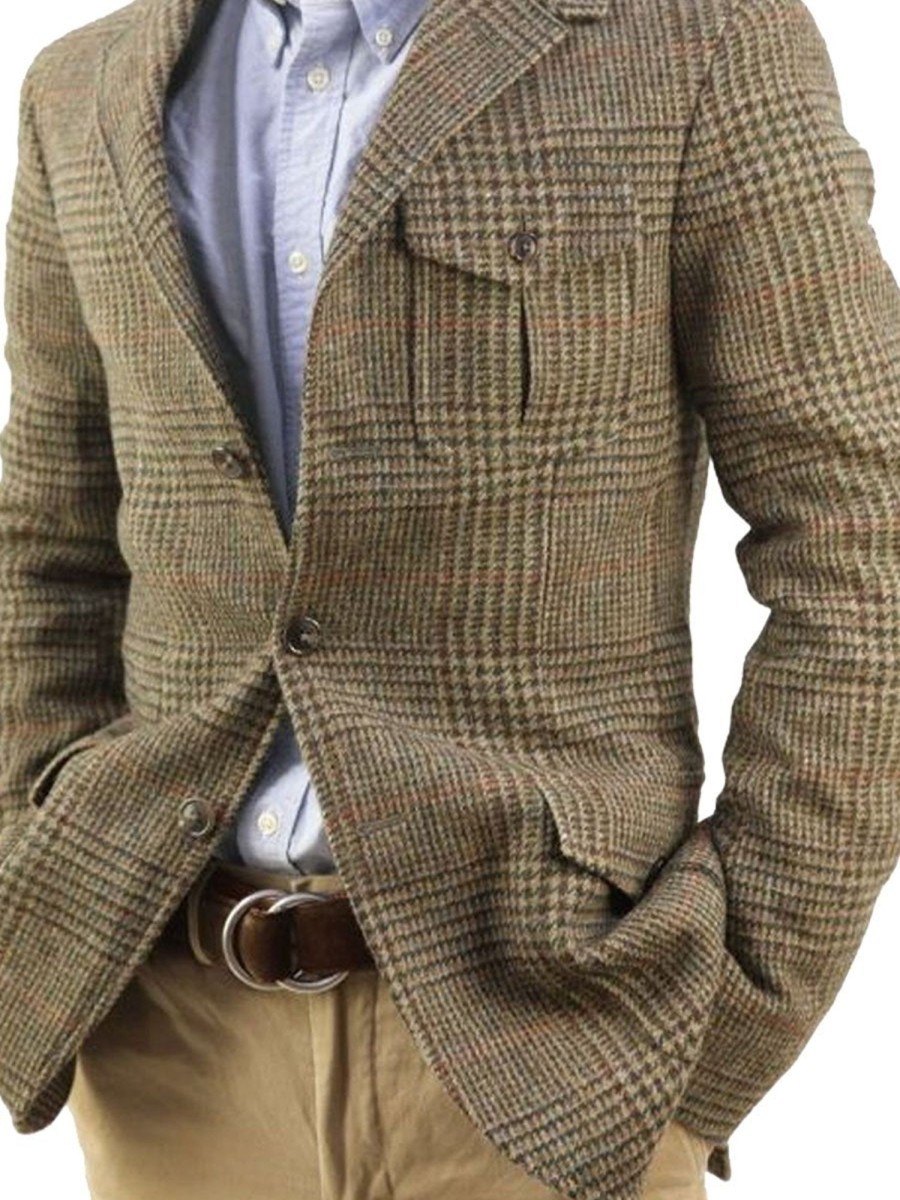 Men DJ Jacket | Vintage 3-Pocket Plaid Casual Blazer Khaki