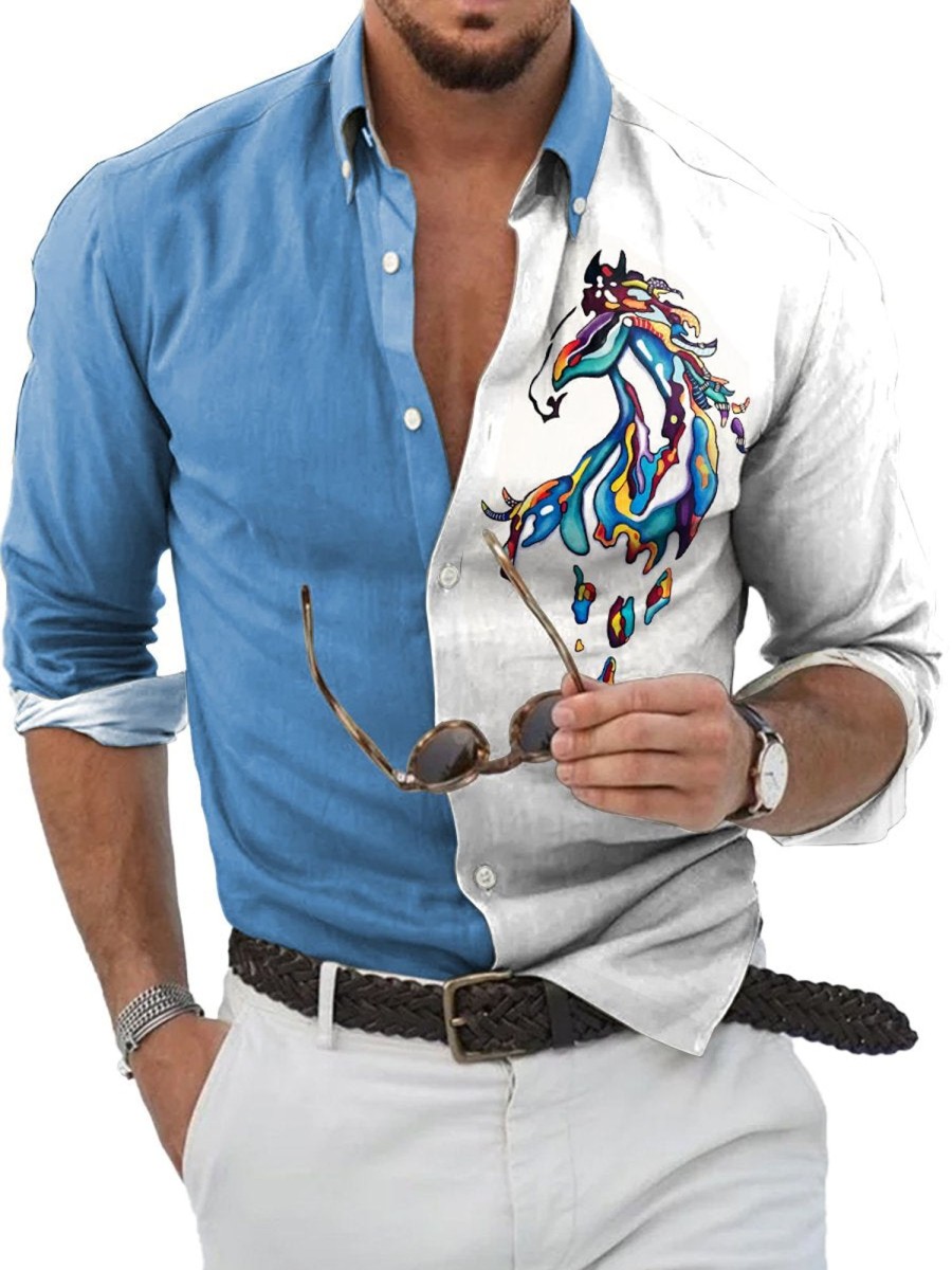 Men QMY Shirts | Fashionable Watercolor Horse Contrast Print Long Sleeve Shirt Photo Color