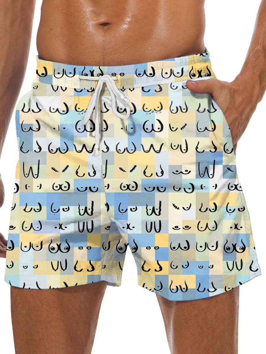 Men GYJ Shorts | Ladies Chest Check Print Drawstring Pocket Casual Shorts Yellow