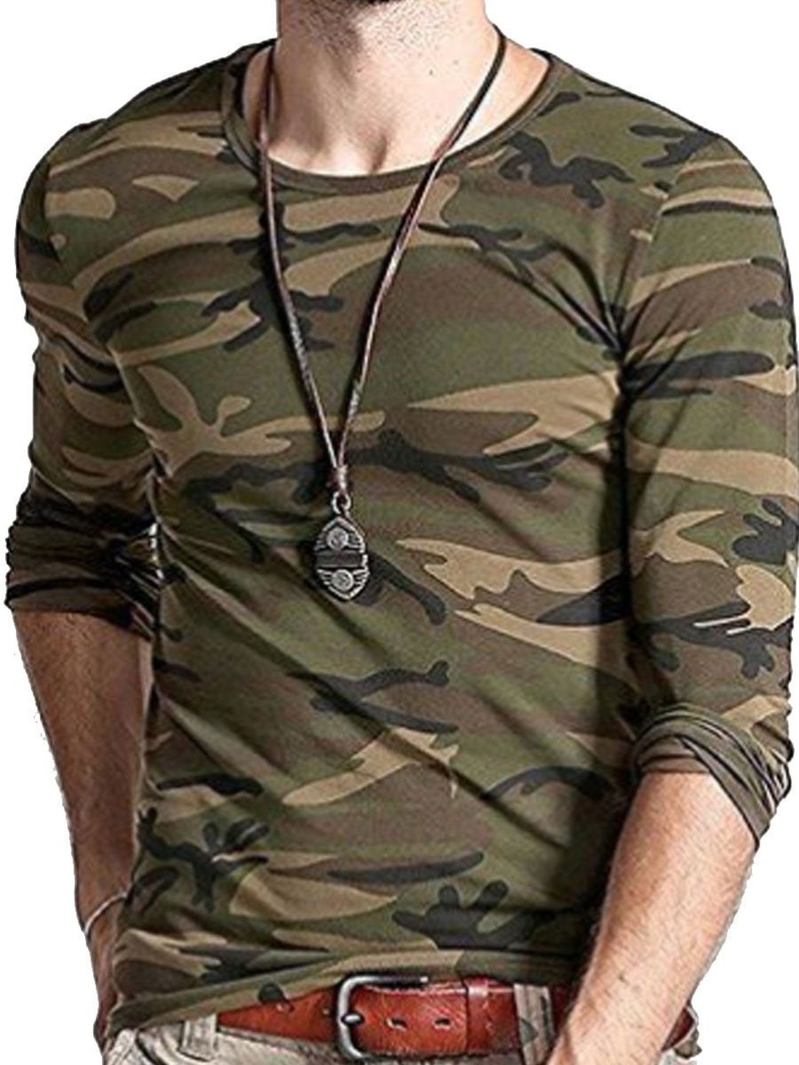 Men DJ Casual Long Sleeve Shirts | Crew Neck Camouflage Print Casual Long Sleeve T-Shirt Army Green