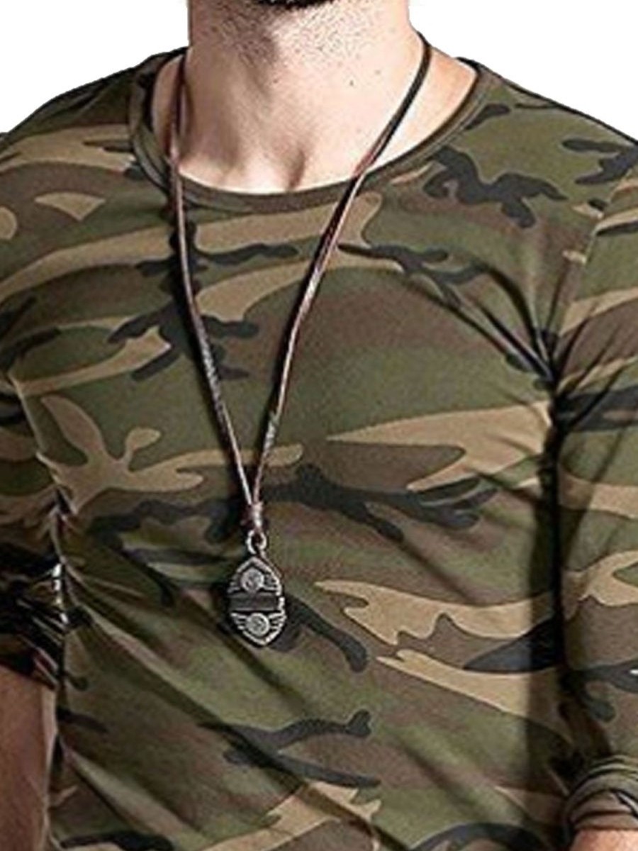 Men DJ Casual Long Sleeve Shirts | Crew Neck Camouflage Print Casual Long Sleeve T-Shirt Army Green