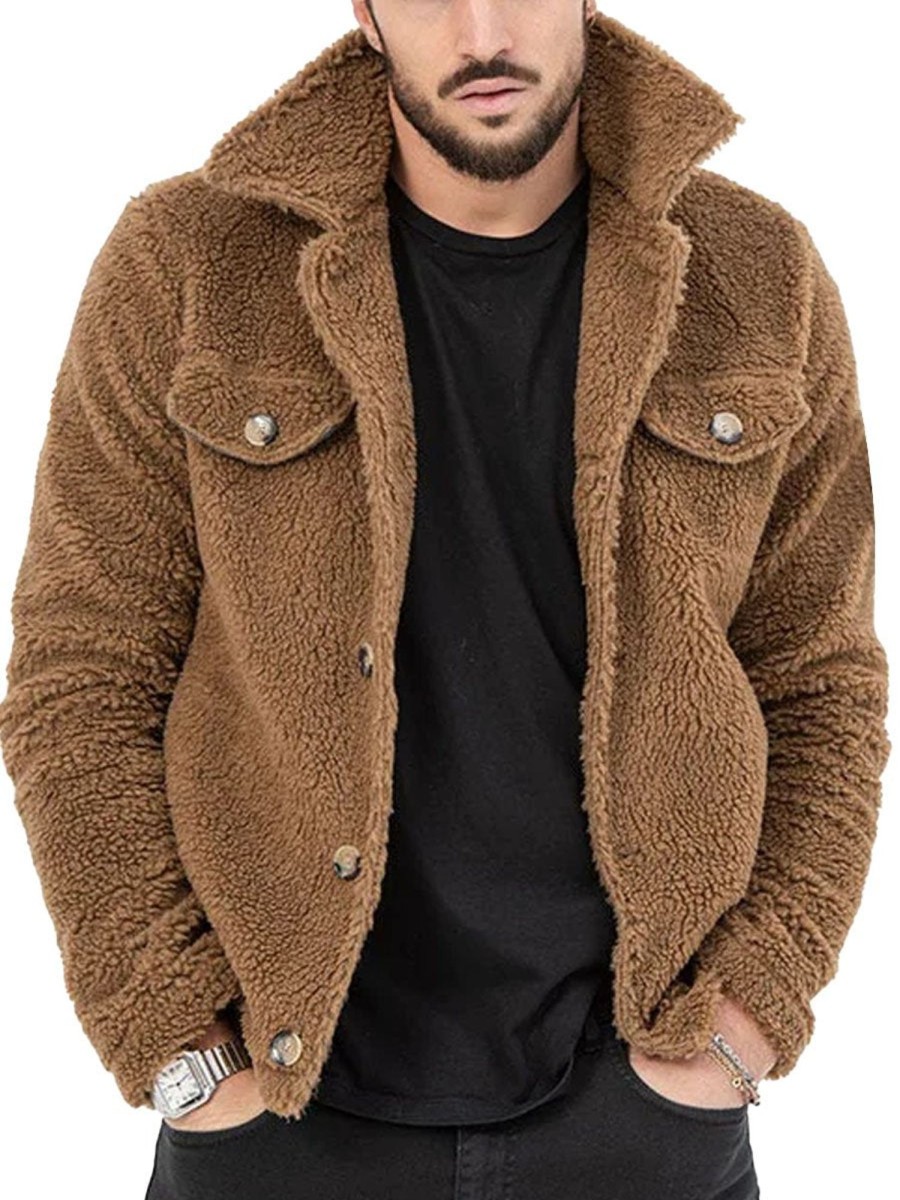 Men DJ Jacket | Vintage Lapel Sherpa Double Pocket Warm Jacket Brown