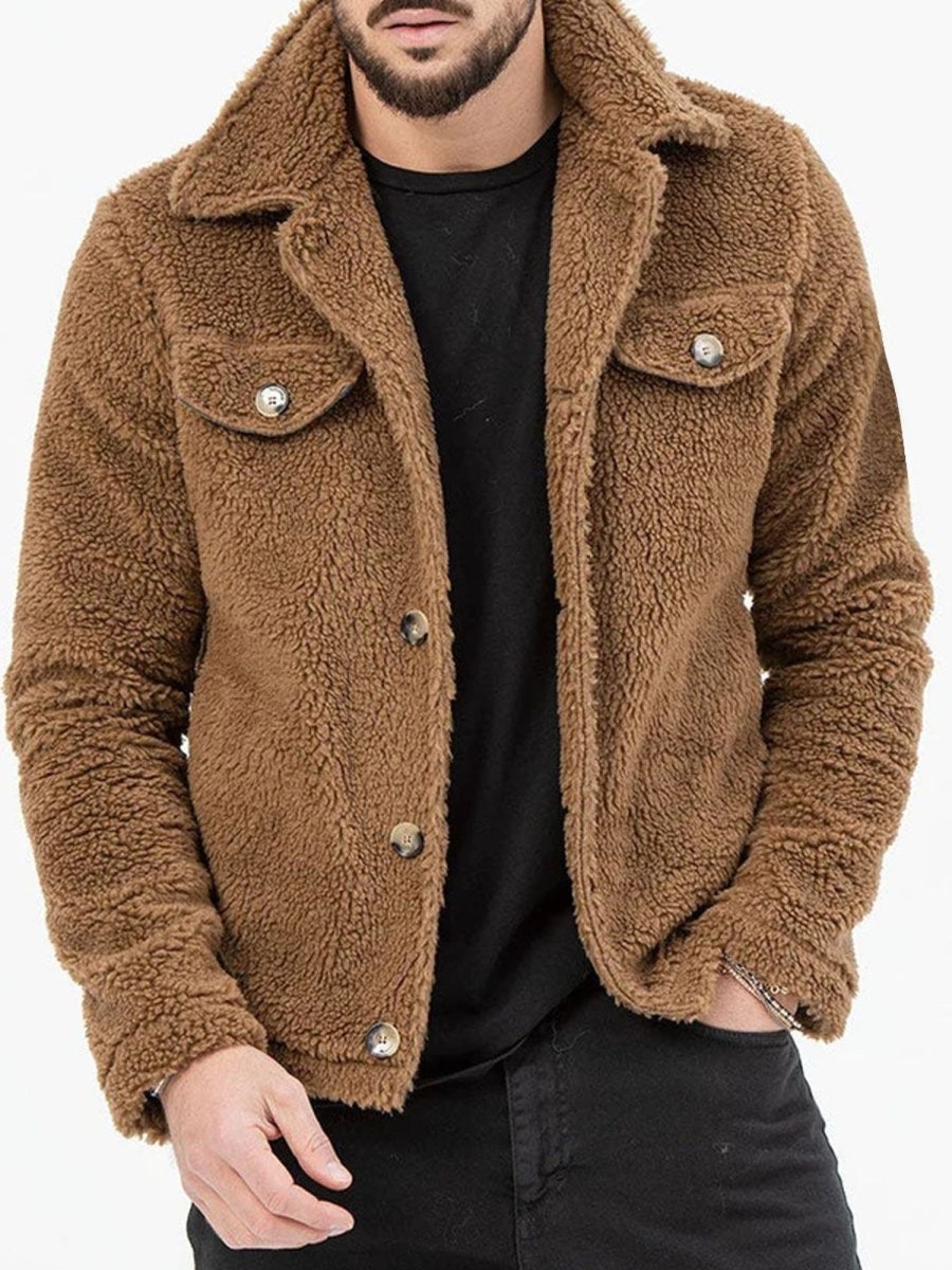 Men DJ Jacket | Vintage Lapel Sherpa Double Pocket Warm Jacket Brown