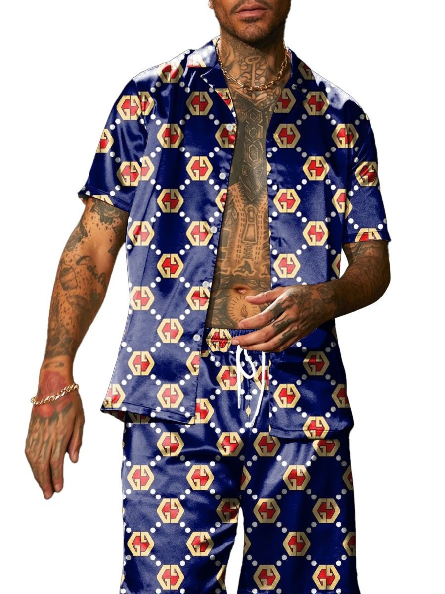 Men BXL Set | Men'S Geometric Print Resort Short Sleeve Shirt And Shorts Set Photo Color