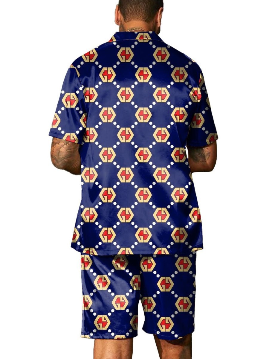 Men BXL Set | Men'S Geometric Print Resort Short Sleeve Shirt And Shorts Set Photo Color