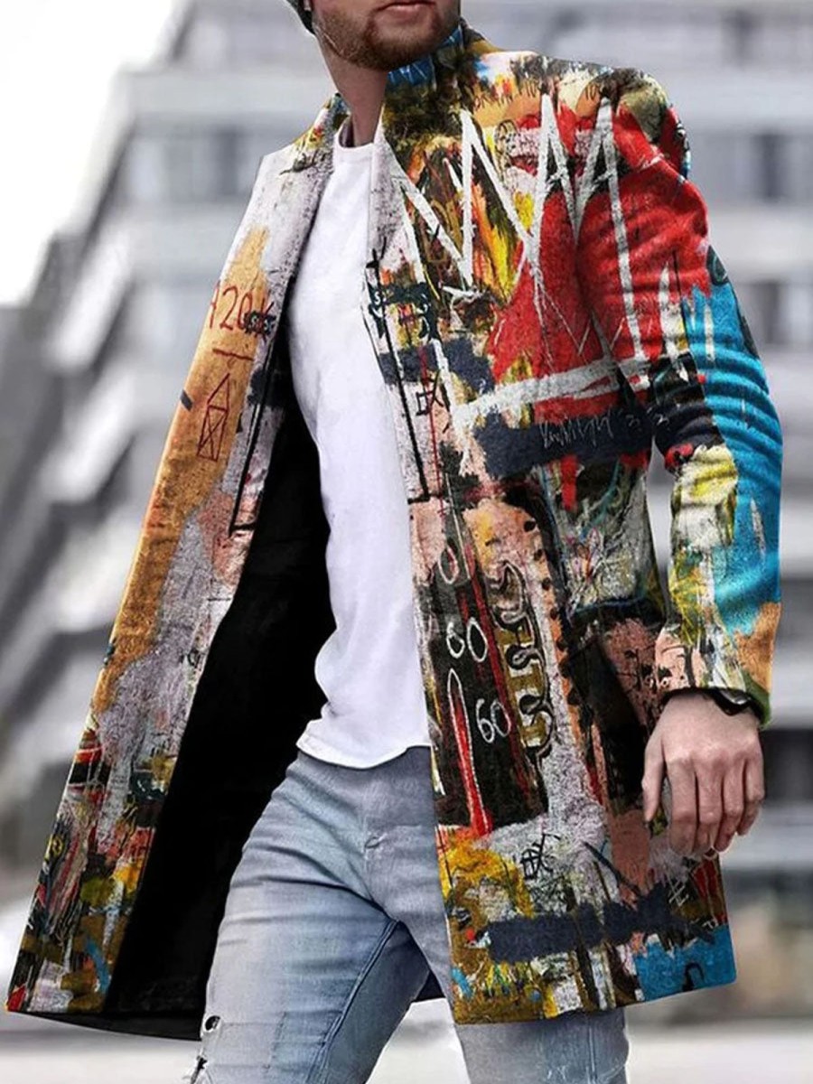 Men DJ Print Jacket | Abstract Art-Print Two-Pocket Single-Breasted Jacket Photo Color