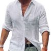 Men BXL Casual Long Sleeve Shirts | Men'S Solid Color Cotton And Linen Pocket Casual Long Sleeve Shirt White