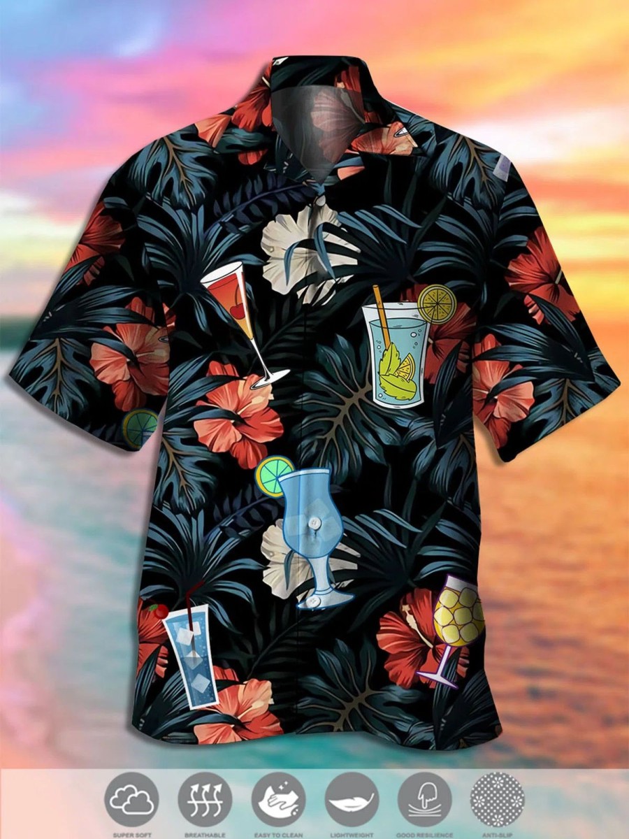 Men QX Shirts | Men'S Ocean Print Casual Breathable Fabric Hawaiian Short Sleeve Shirt Black