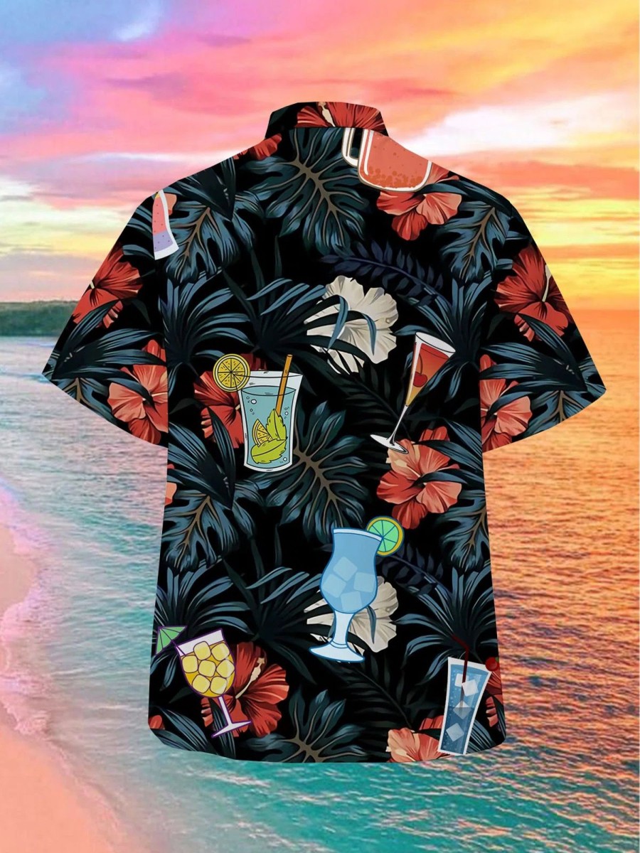 Men QX Shirts | Men'S Ocean Print Casual Breathable Fabric Hawaiian Short Sleeve Shirt Black