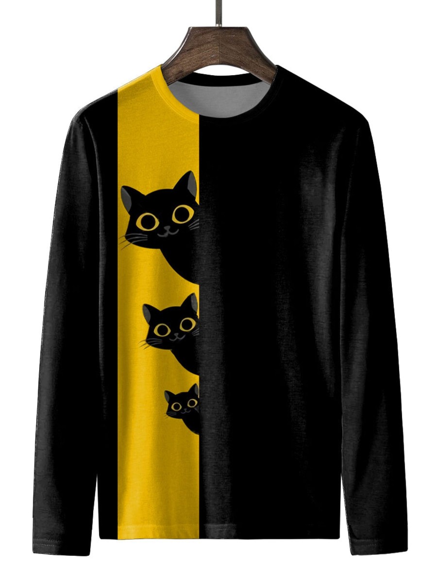 Men HLJ T-Shirts | Men'S Funny Cat Casual Long Sleeve T-Shirt Black