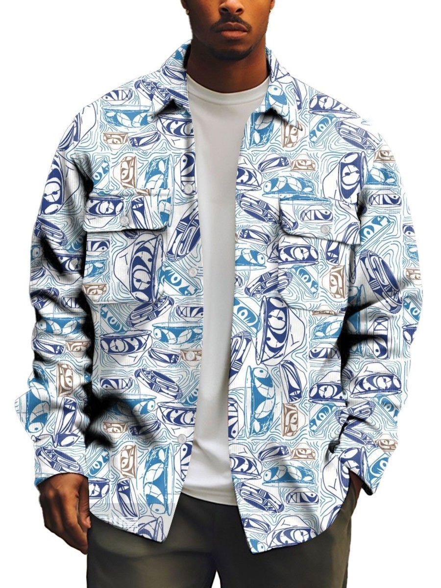 Men TH Print Jacket | Men'S Vintage Graffiti Print Shirt Jacket Blue