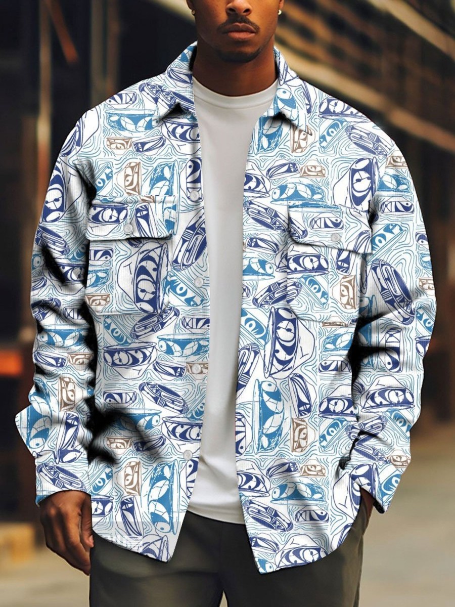 Men TH Print Jacket | Men'S Vintage Graffiti Print Shirt Jacket Blue