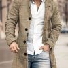 Men BXL Print Jacket | Men'S Casual Button Pocket Check Print Wool Stand Collar Coat Khaki