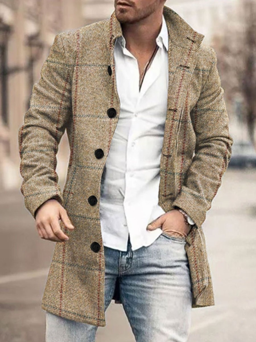 Men BXL Print Jacket | Men'S Casual Button Pocket Check Print Wool Stand Collar Coat Khaki