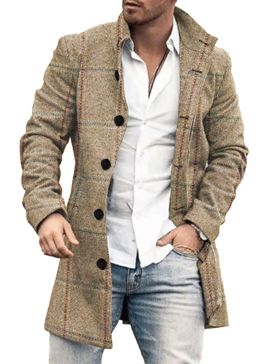 Men BXL Print Jacket | Men'S Casual Button Pocket Check Print Wool Stand Collar Coat Khaki