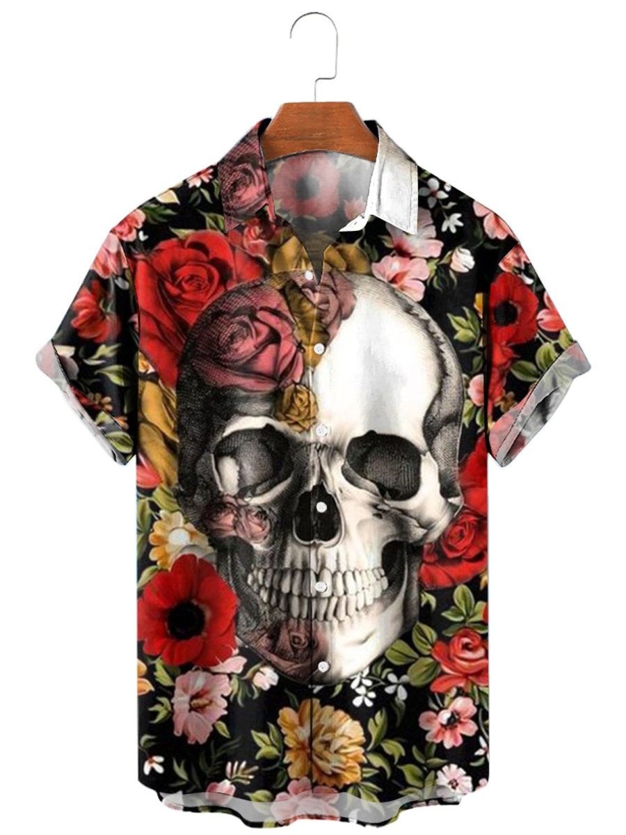 Men MW Shirts | Men'S Lapel Skull Print Short Sleeve Shirt 11692475M Red