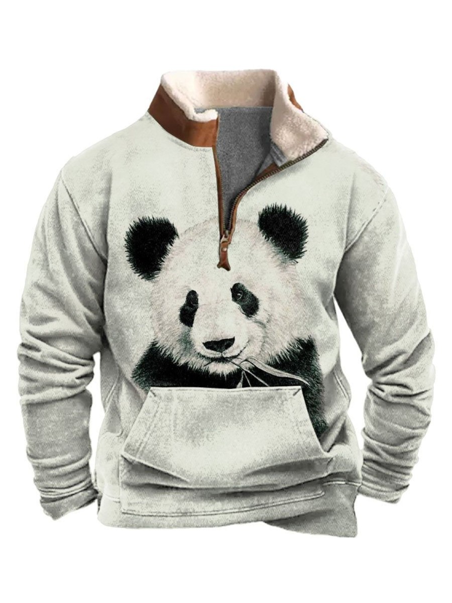 Men BXL T-Shirts | Men'S Casual Fun Animal Panda Print Pocket Polo Fleece Sweatshirt Gray