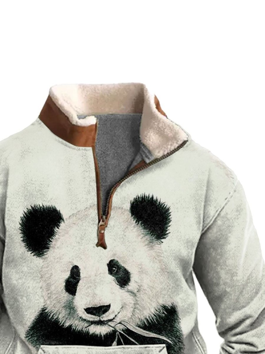 Men BXL T-Shirts | Men'S Casual Fun Animal Panda Print Pocket Polo Fleece Sweatshirt Gray